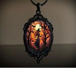 Striking Gothic Style Leather Rope Pendant Necklace with Witch and Bats